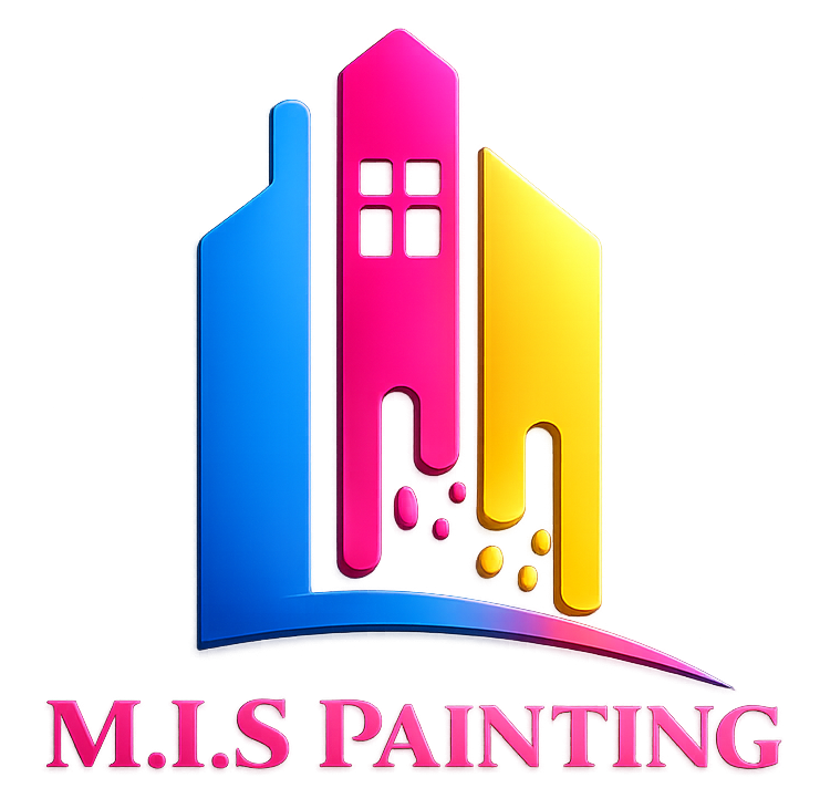 Logo for MIS Painting featuring blue, pink, and yellow building shapes with a curved base and the text MIS PAINTING.