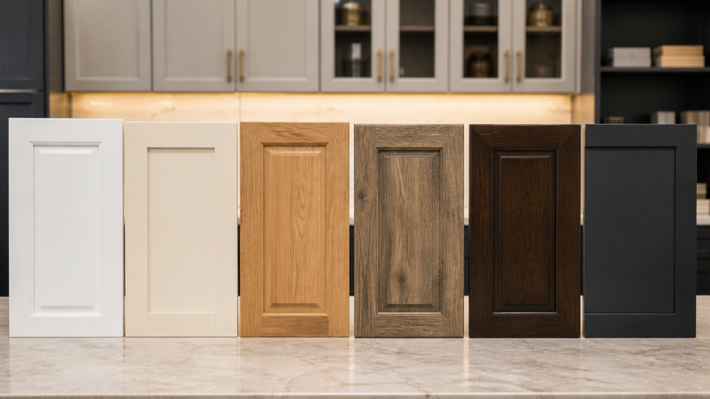 Row of six kitchen cabinet doors in varying finishes from white to dark brown on a showroom countertop.